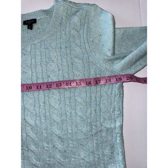 Talbots Tweed Cable Knit Sweater Light Blue Speckled Crew Neck Button Medium Pet - Picture 11 of 16